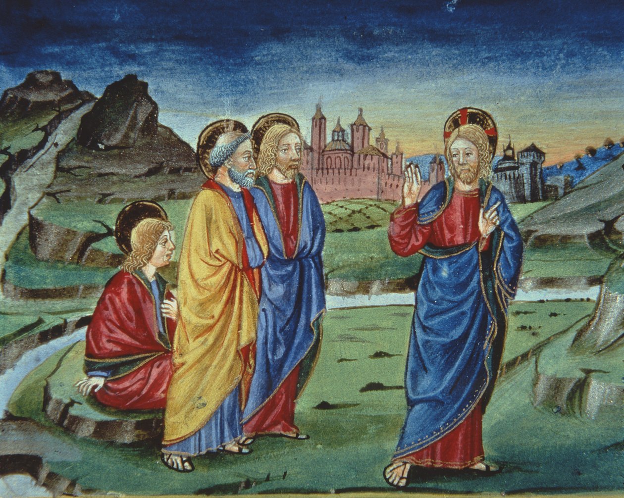 Fol.103v Efter förvandlingen säger Kristus till apostlarna att inte avslöja detta förrän efter uppståndelsen (vellum) (detalj) av Italian School