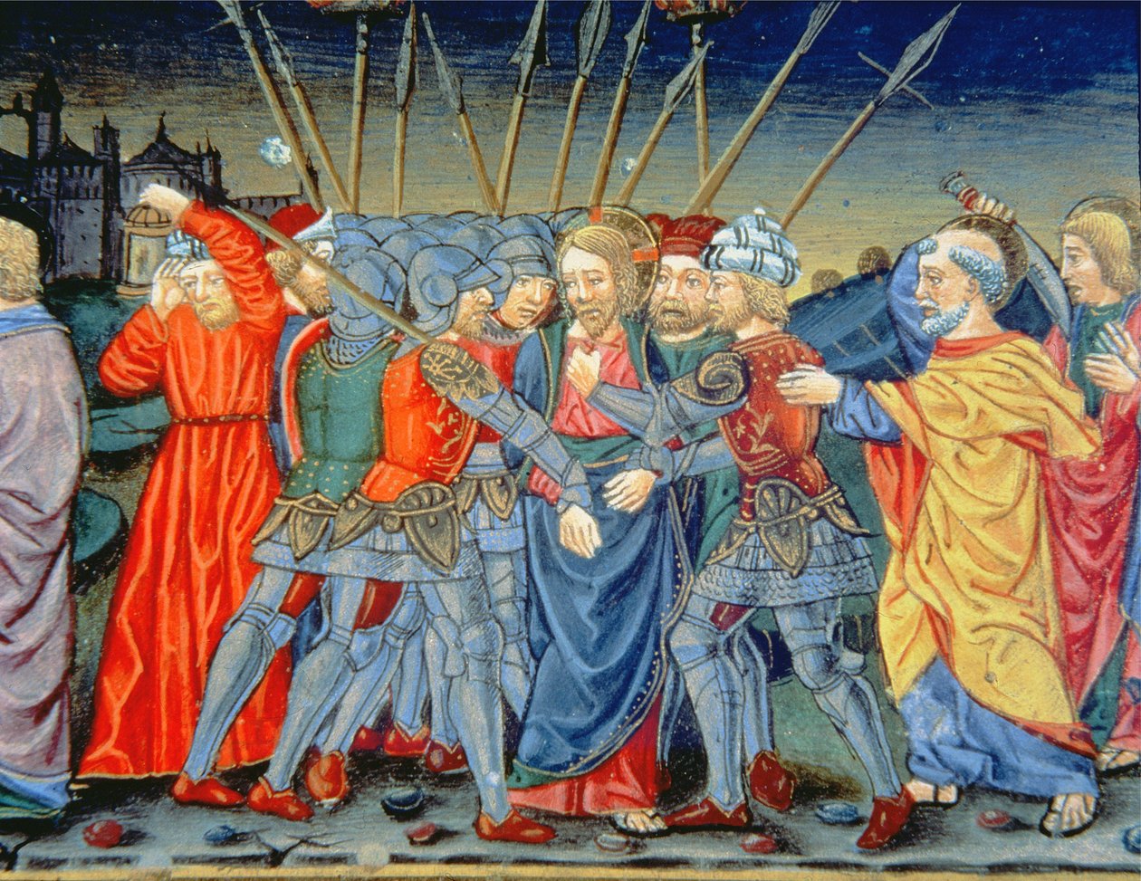 Fol.105v Simon Petrus försvarar Kristus och sårar en soldat med ett svärd (vellum) av Italian School