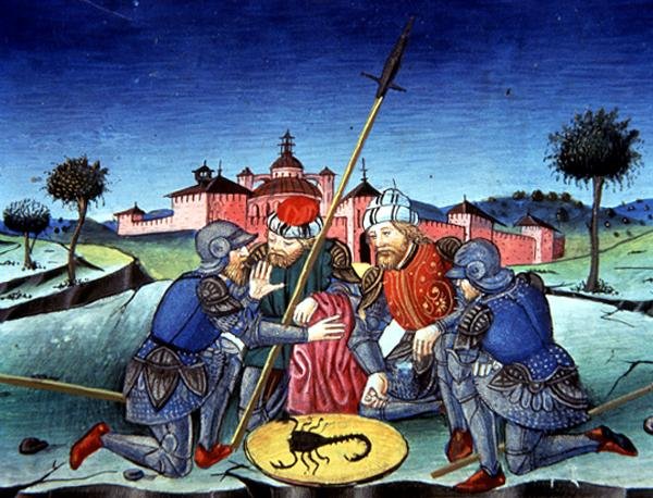 Fol.118v Soldater kastar lott om Kristi tunika (vellum) av Italian School