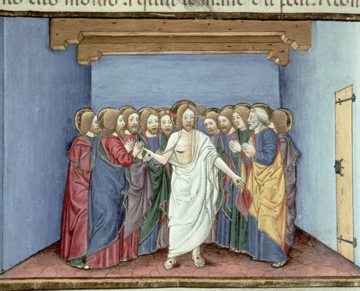 Fol.135v Jesus visar sig för lärjungarna samlade under ett tak av rädsla för domarna (vellum) av Italian School