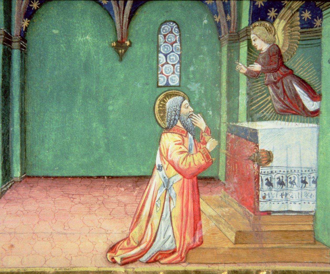 Fol.142r En ängel visar sig för Sakarias i templet (vellum) av Italian School