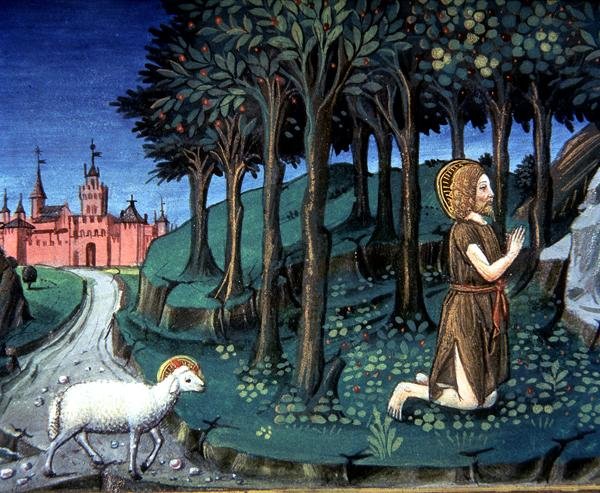 Fol.143v Johannes Döparen ber i öknen (vellum) av Italian School