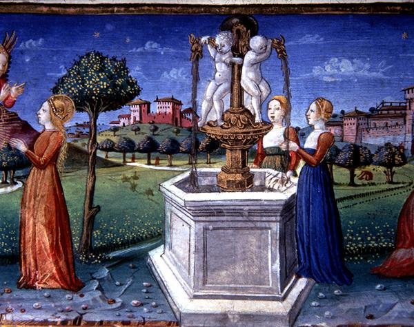 Fol.34v Ärkeängeln Rafael besöker Maria (vellum) av Italian School