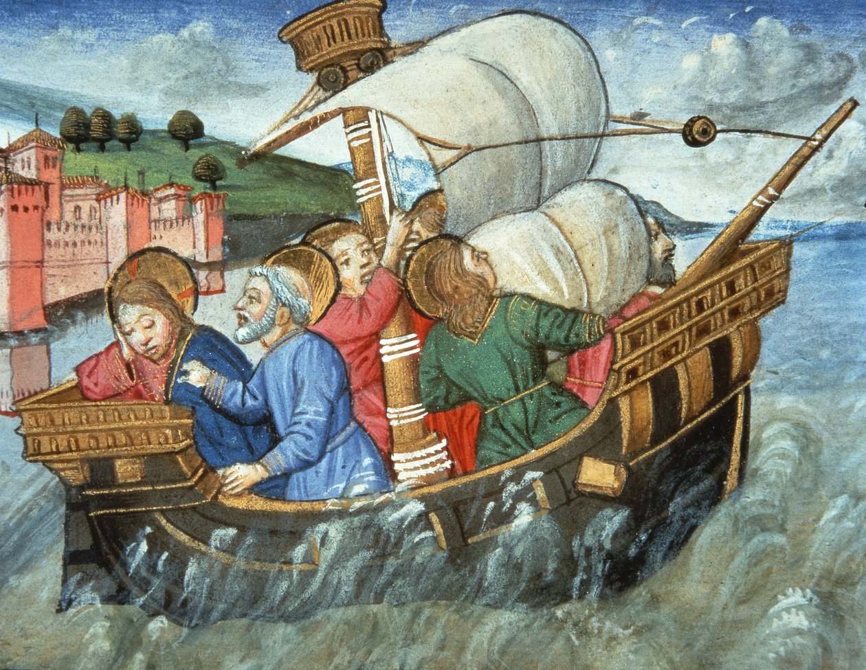 Fol.49v Storm i Tiberiska havet (vellum) av Italian School