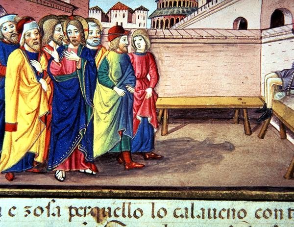 Fol.51v Christ Enters Cafarnao (vellum) av Italian School