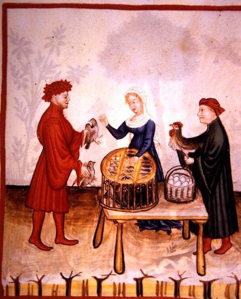 Fol.67r The Sale of Young Doves, illustration från 