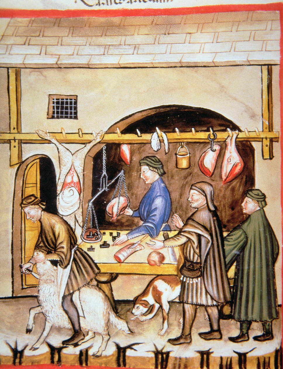 Fol.72v The Butchers: Selling Mutton, illustration från Tacuinum Sanitatis av Italian School