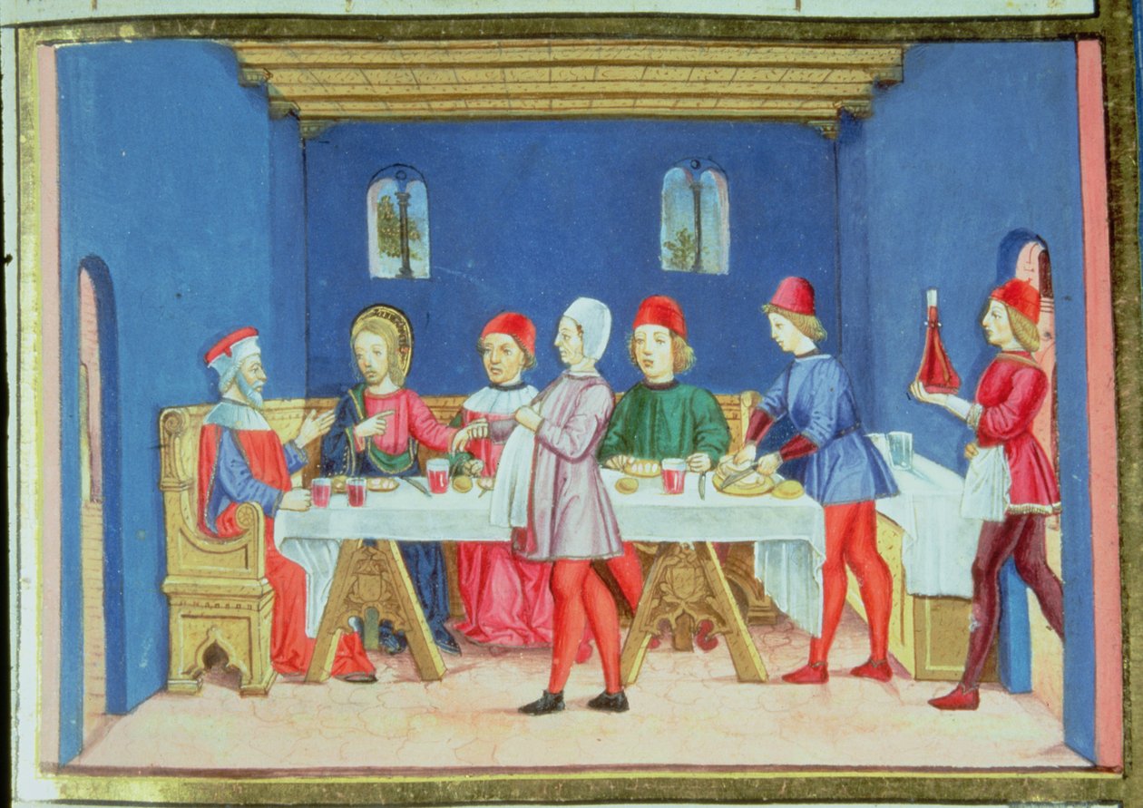 Fol.75v Jesus under måltiden i fariséens hus frågar om han får bota på sabbaten (vellum) av Italian School