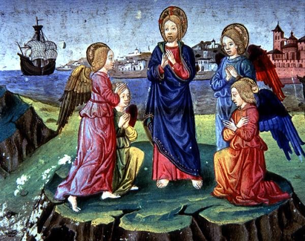Fol.83r Kristus skyddas av en krets av änglar (vellum) av Italian School