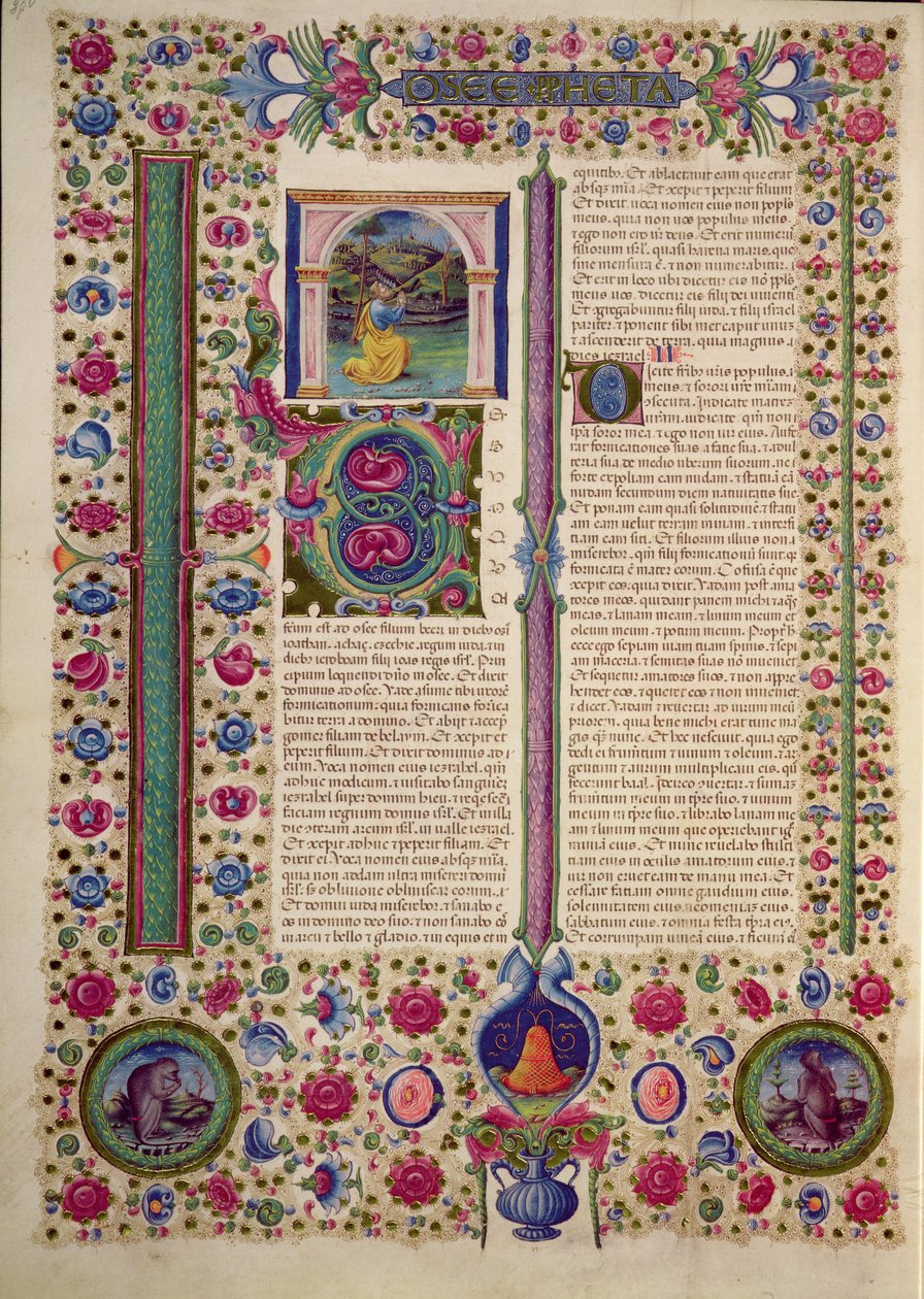 Fol.87v Öppning av profeten Hoseas bok (en mindre profet som predikar mot avgudadyrkande judar), från Borso d