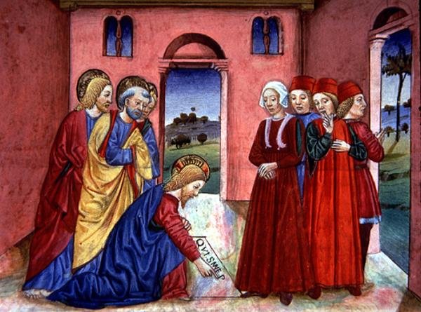 Fol.89r Kristus skriver på golvet i templet 