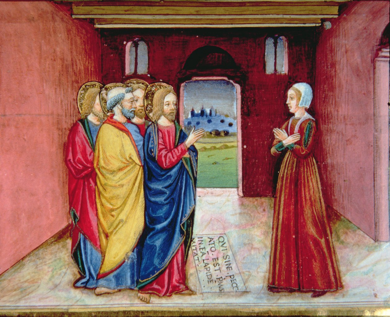 Fol.89v Kristus varnar äktenskapsbrytaren att inte synda längre (vellum) av Italian School