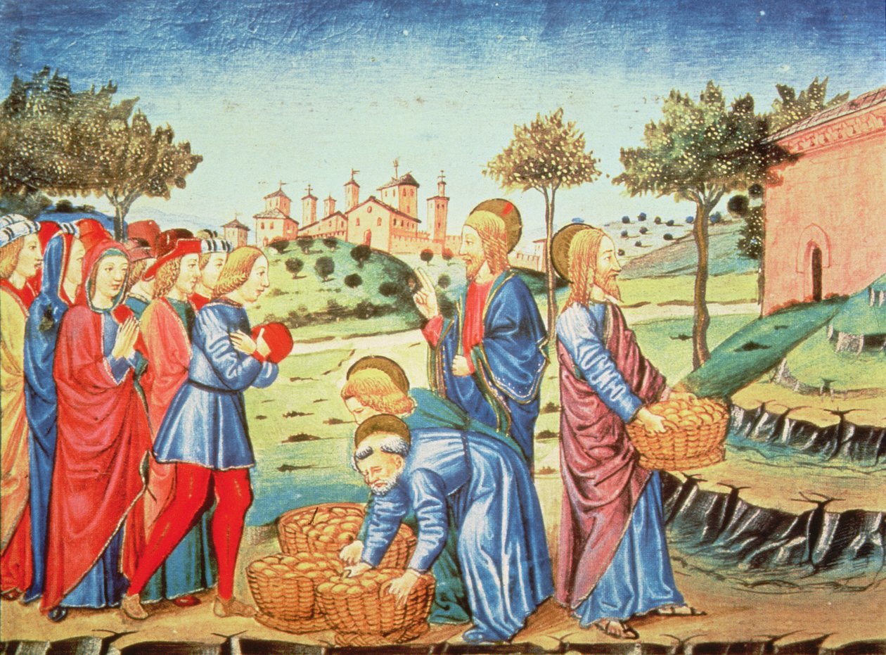 Fol.90v キリストと五つのパンと二匹の魚の奇跡 (ベラム)スウェーデン語 av Italian School