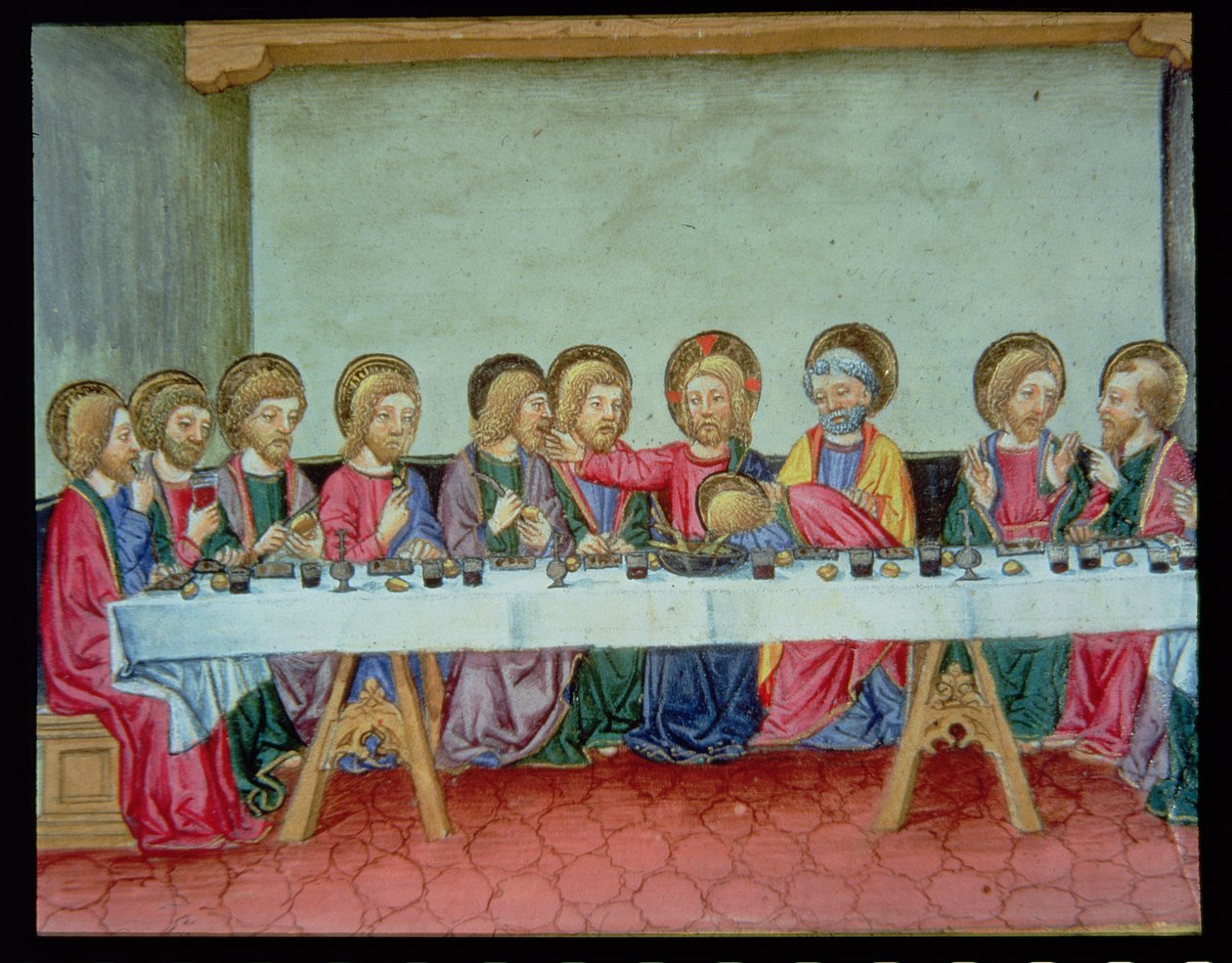 Fol.99v Under den sista måltiden tillkännager Kristus att en av apostlarna kommer att förråda Honom (vellum) av Italian School