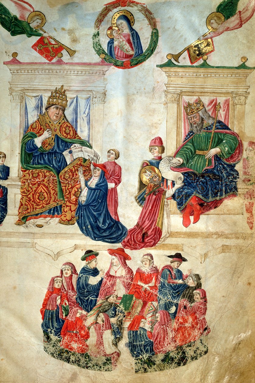Stiftelsen av universitetet i Bologna av kejsar Theodosius II (408-450) och de privilegier som beviljats av påven Paul II (1417-71) (vellum) av Italian School