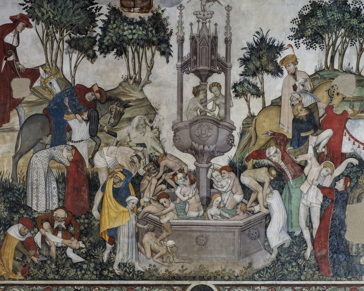 Fountain of Youth, detalj från Fountain of Youth, fresk i Baronial Hall, Castle of Manta, Saluzzo, Piemonte, Italien av Italian School