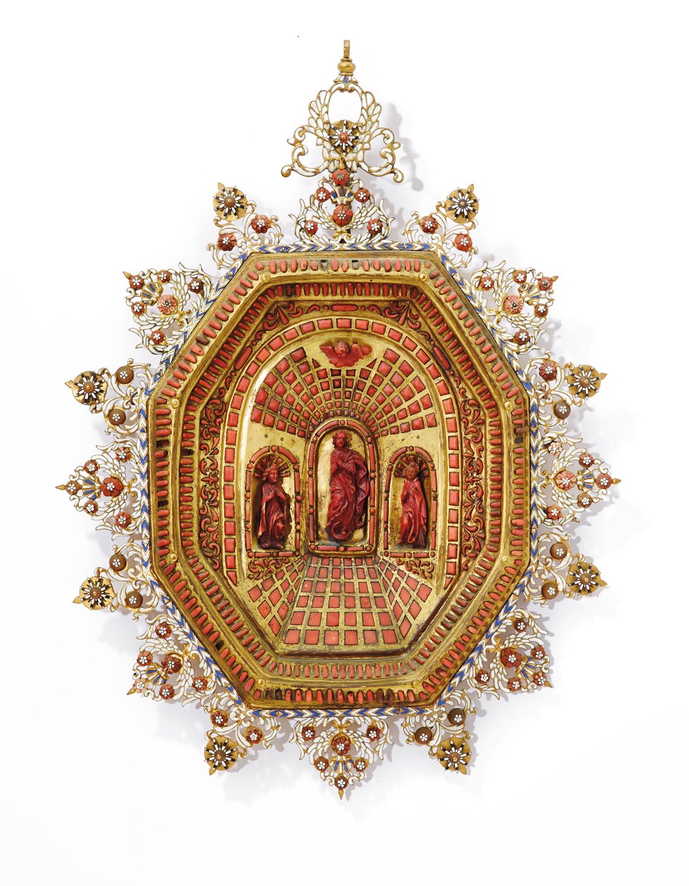 Ram som föreställer Jungfru Maria, Trapani, tidigt 1600-tal (förgylld koppar, emalj och korall) av Italian School