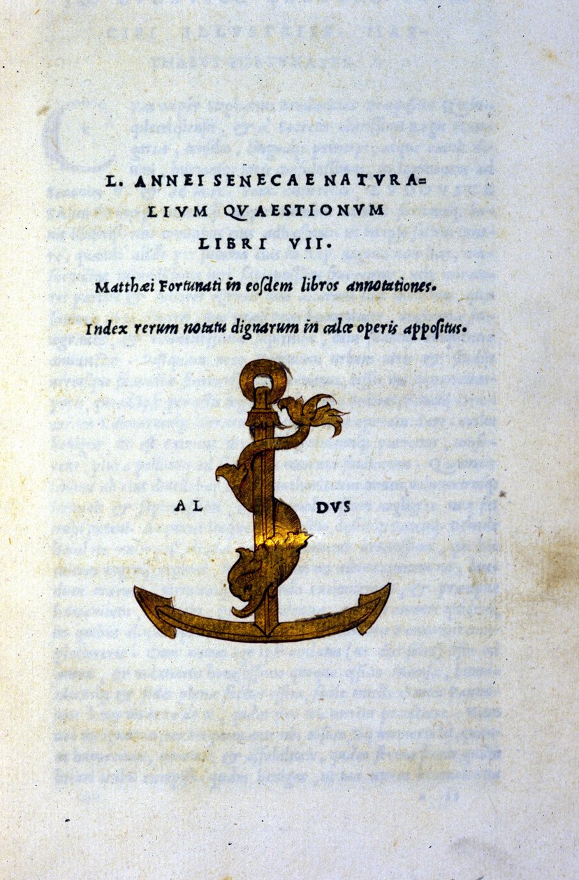 Frontispice av "Natural Questions Book VII" eller "Natural Questions Book VII" av Seneque the Philosopher eller Lucius Annaeus Seneca (2 f.Kr. - 65 AD). JC), tryckt 1503 av Aldo Manuzio (Alde Manonce) (1450 - 1515), venetiansk forskare och tryckare. av Italian School