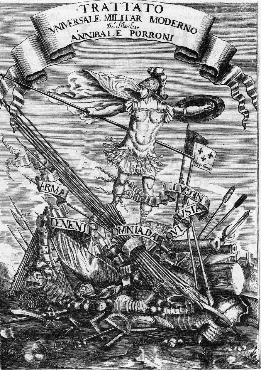 Frontispice av "Modern Universal Military Treaty" "(Modern Universal Military Treaty) från 1676 av Italian School