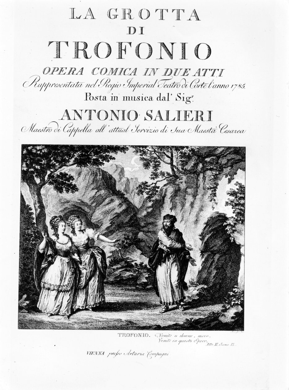 Frontispice av librettot av La Grotta di Trofonio, komisk opera i 2 akter av Antonio Salieri (1750 - 1825). 1785 av Italian School