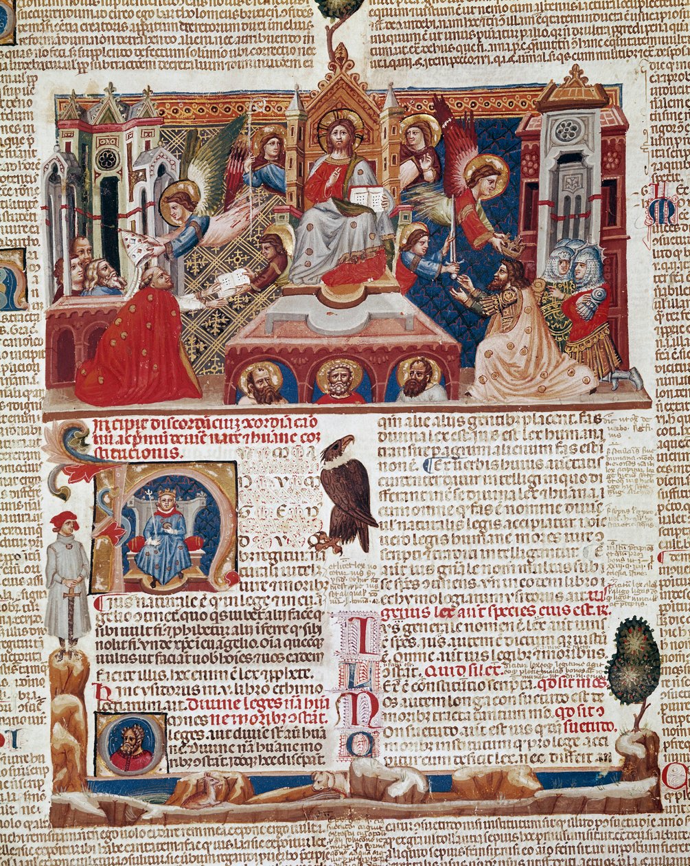 Framsidan av manuskriptet till "Decret de Gratien" ("Concordia discordantiorum canonum" eller "Decretum Gratiani") från 1140 och reglerar den romersk-katolska kyrkans lagar och kanoner. 1300-talets Siena, Biblioteca degli Intronati av Italian School