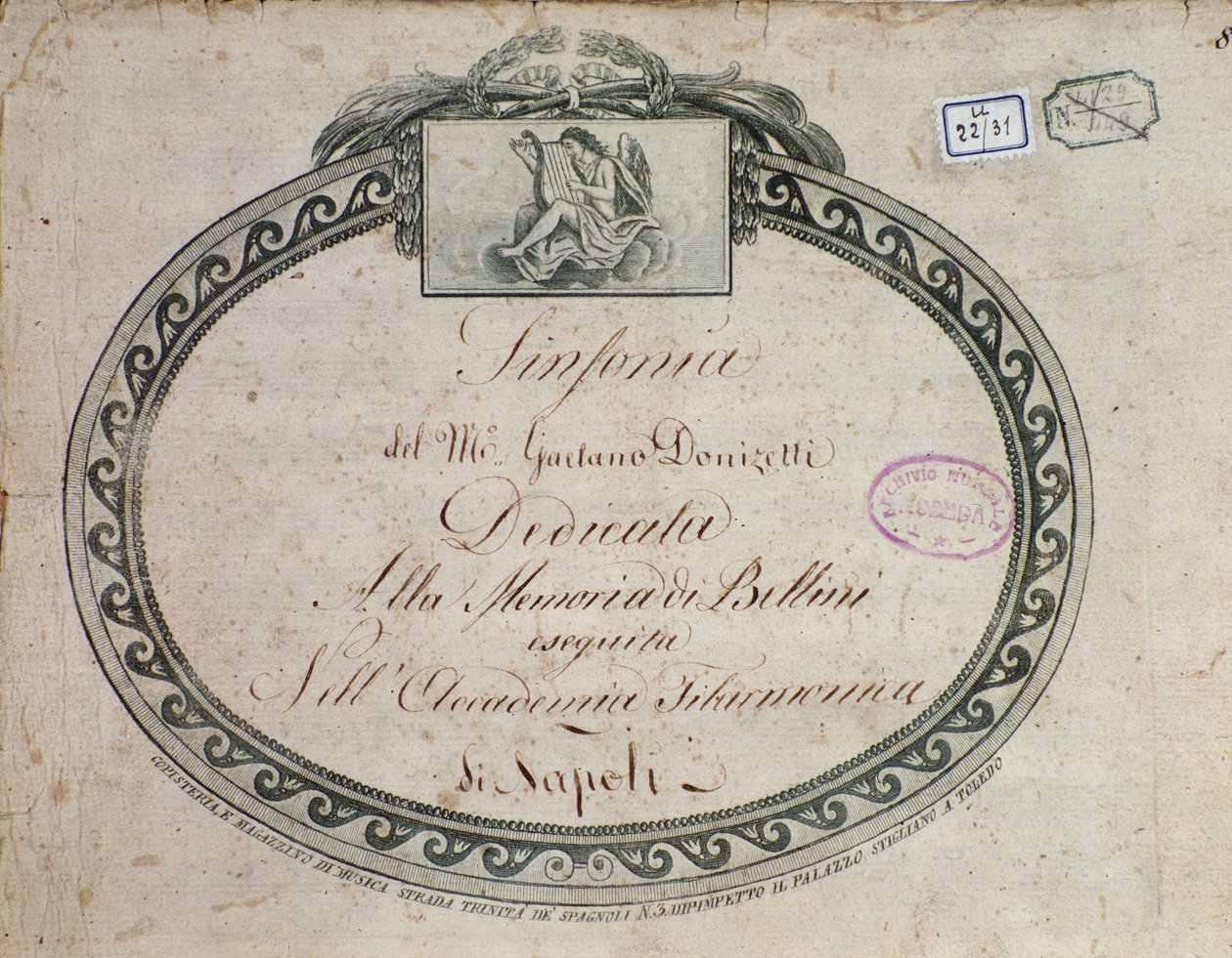 Frontispices detalj av "Symfoni i Ess-dur: tillägnad minnet av Bellini" av Gaetano Donizetti (1797-1848). av Italian School