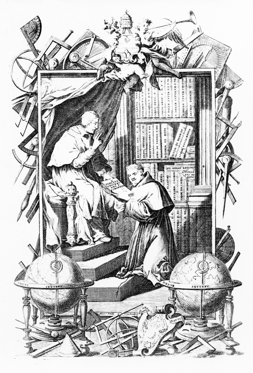 Frontispice för Sacred-Profane Universal Library, Vol. 1 av Vincenzo Coronelli, tryck gjord av Alessandro dalla Via, publicerad 1701 av Italian School