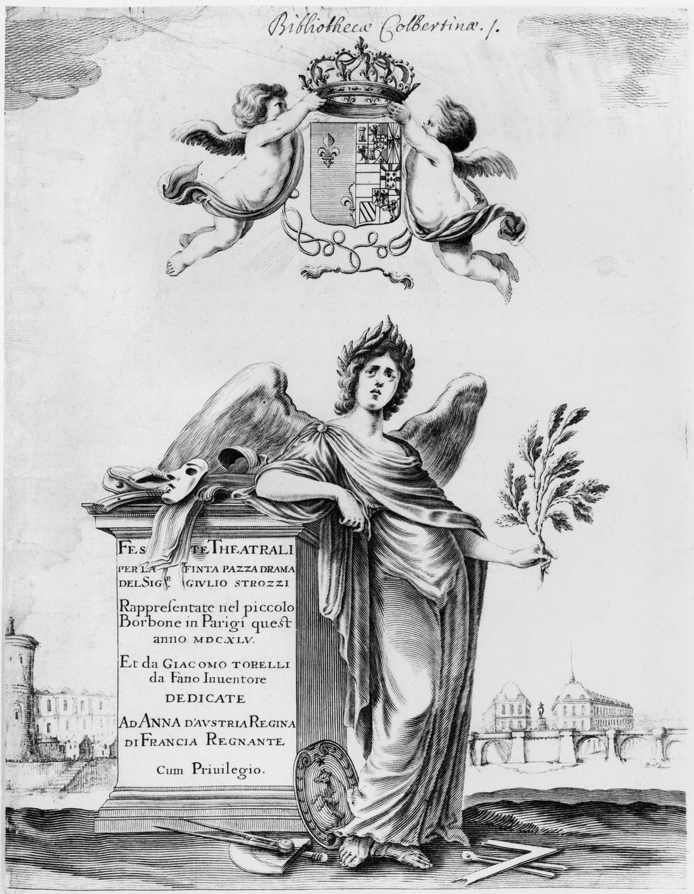 Frontispice för Feste theatrali per la Finta Pazza uppfördes 1645 på Theatre Petit Bourbon i Paris av Italian School