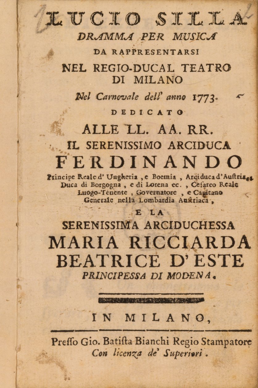 Frontispice från Mozarts Lucio Silla, framförd i Milano 1773 av Italian School