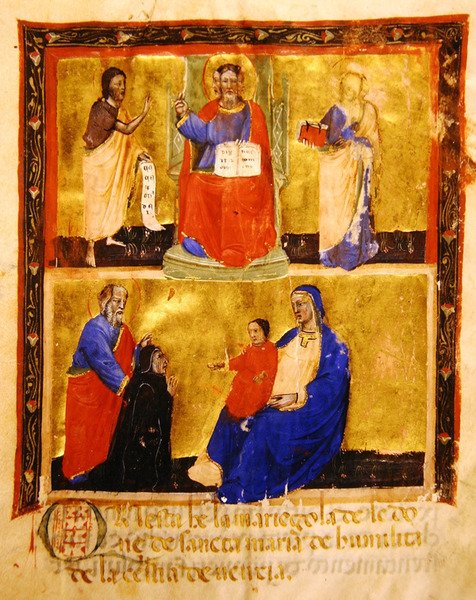 Frontispice, från en Mariegola från lekmannagillet av Madonna dellUmilitas konfraternity, 1391 (bläck & bladguld på veläng) av Italian School