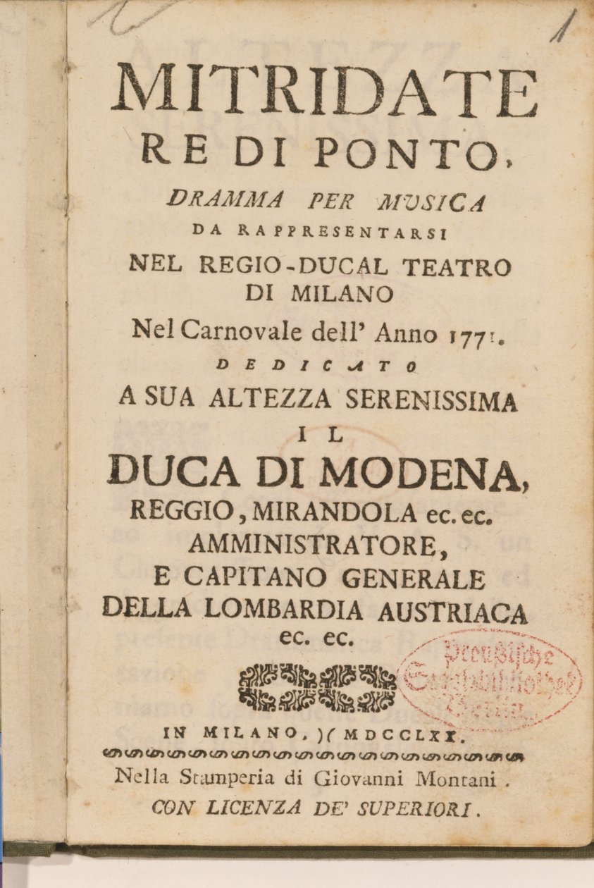 Frontispice från en tidig kopia av Mitridate, re di Ponte, en opera av Wolfgang Amadeus Mozart, 1770 av Italian School
