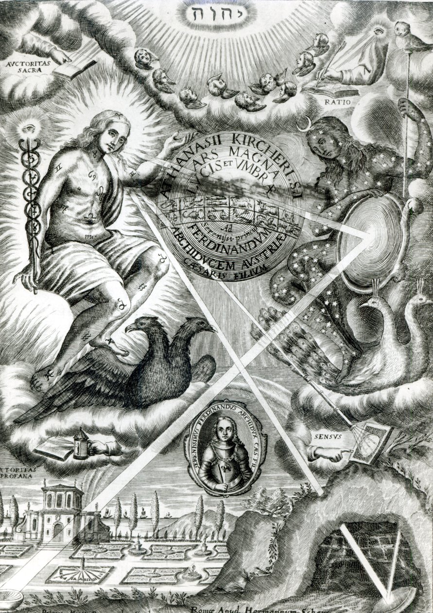 Frontispice av Ars Magna Lucis et Umbrae, av Athanasius Kircher (1601-80) Rom, 1646 av Italian School