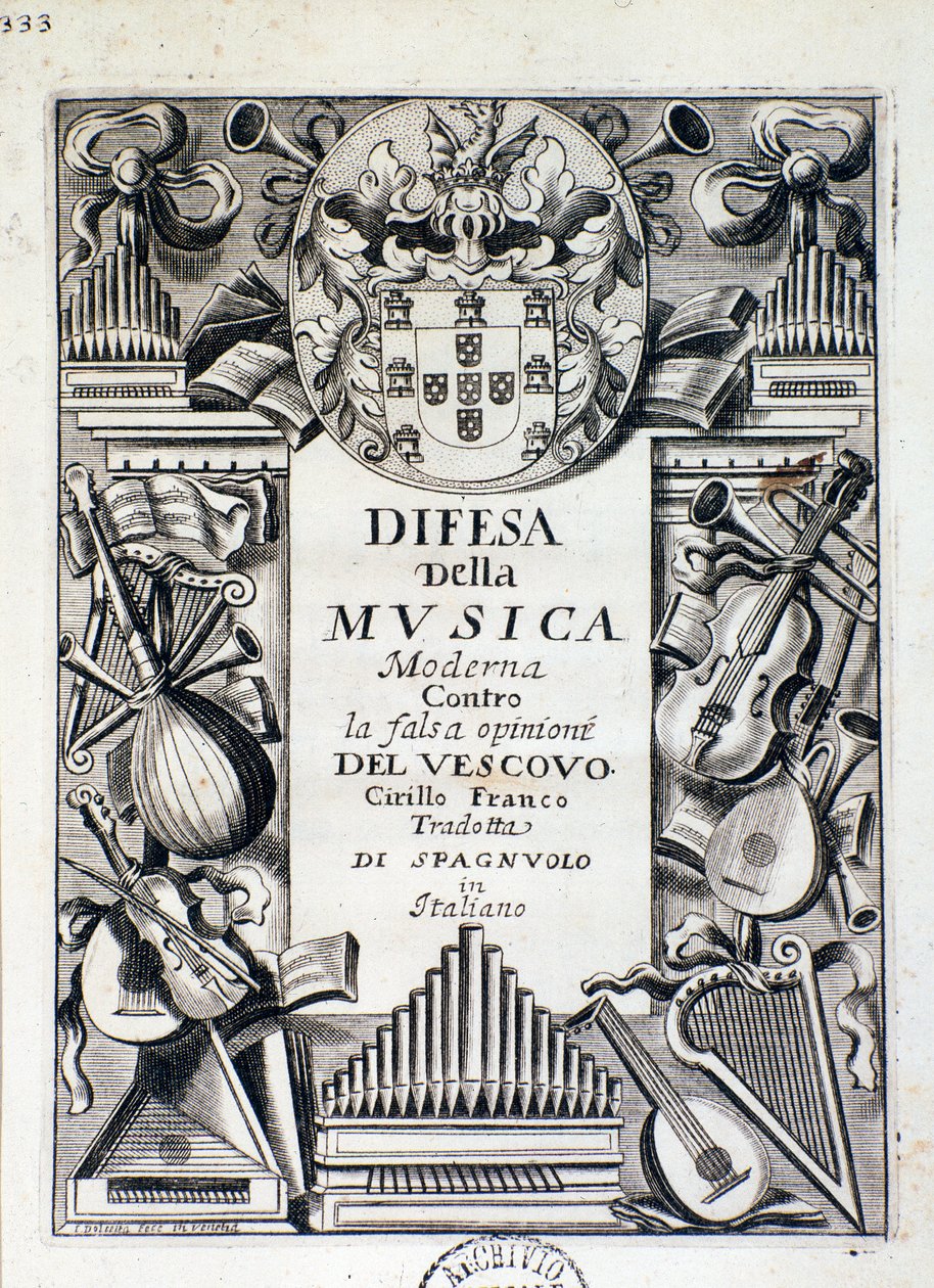 Frontispice of Defense of modern music: against the falsk åsikt från biskop Cirillo Franco, av kung James IV av Portugal av Italian School