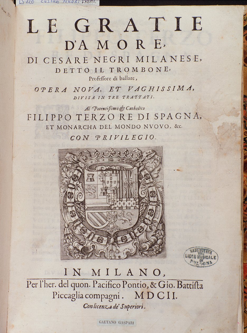 Frontispice av Le Gratie dAmore (Le Grazie dAmore) av den italienska dansaren Cesare Negri kallad Il Trombone (1536-1604), fördrag om dans av Italian School