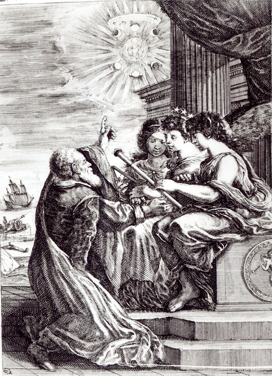 Frontispice av Opere di Galileo Galilei, publicerad i Bologna 1656 av Italian School