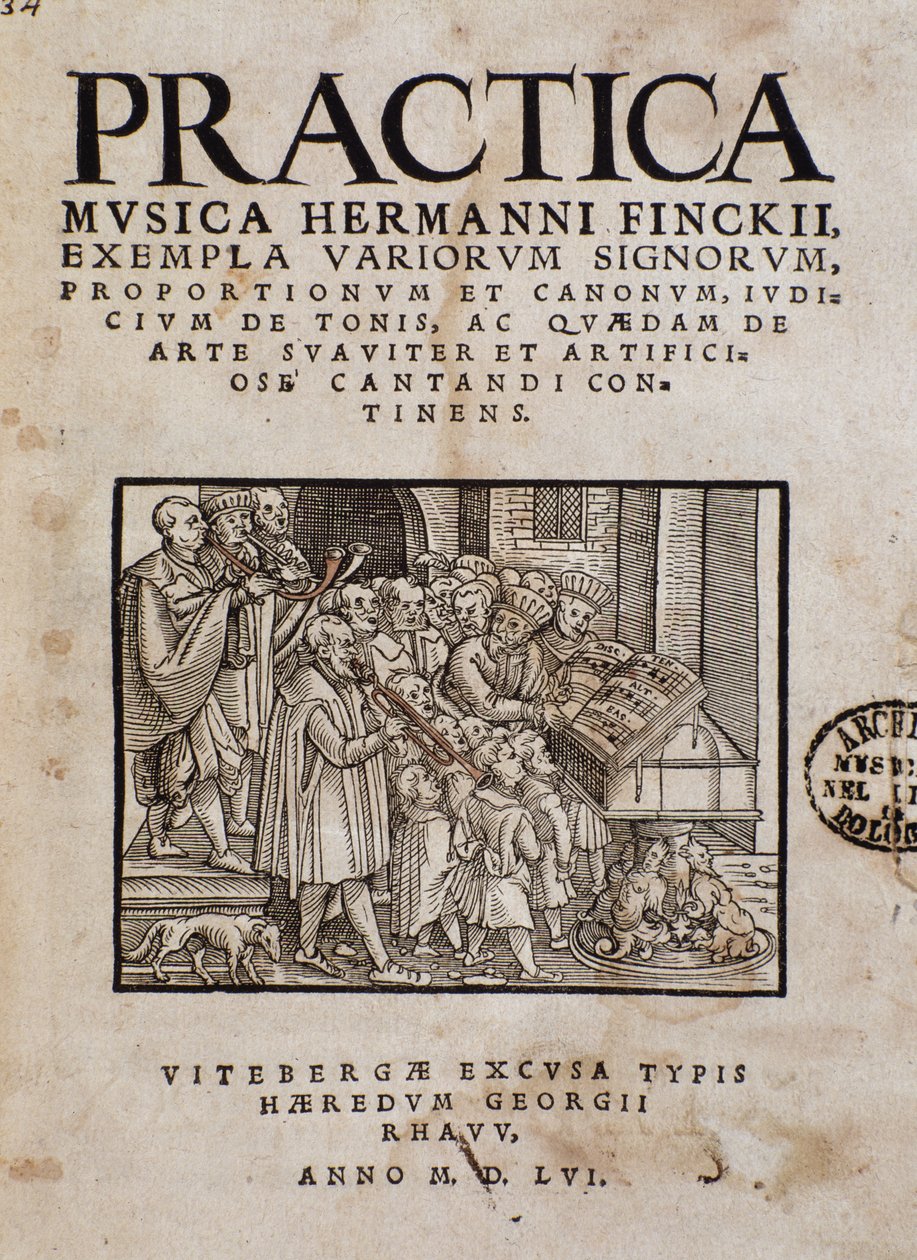 Frontispice of Practica musica av Hermann Finck (1527-1558), tysk kompositör och musikteoretiker av Italian School