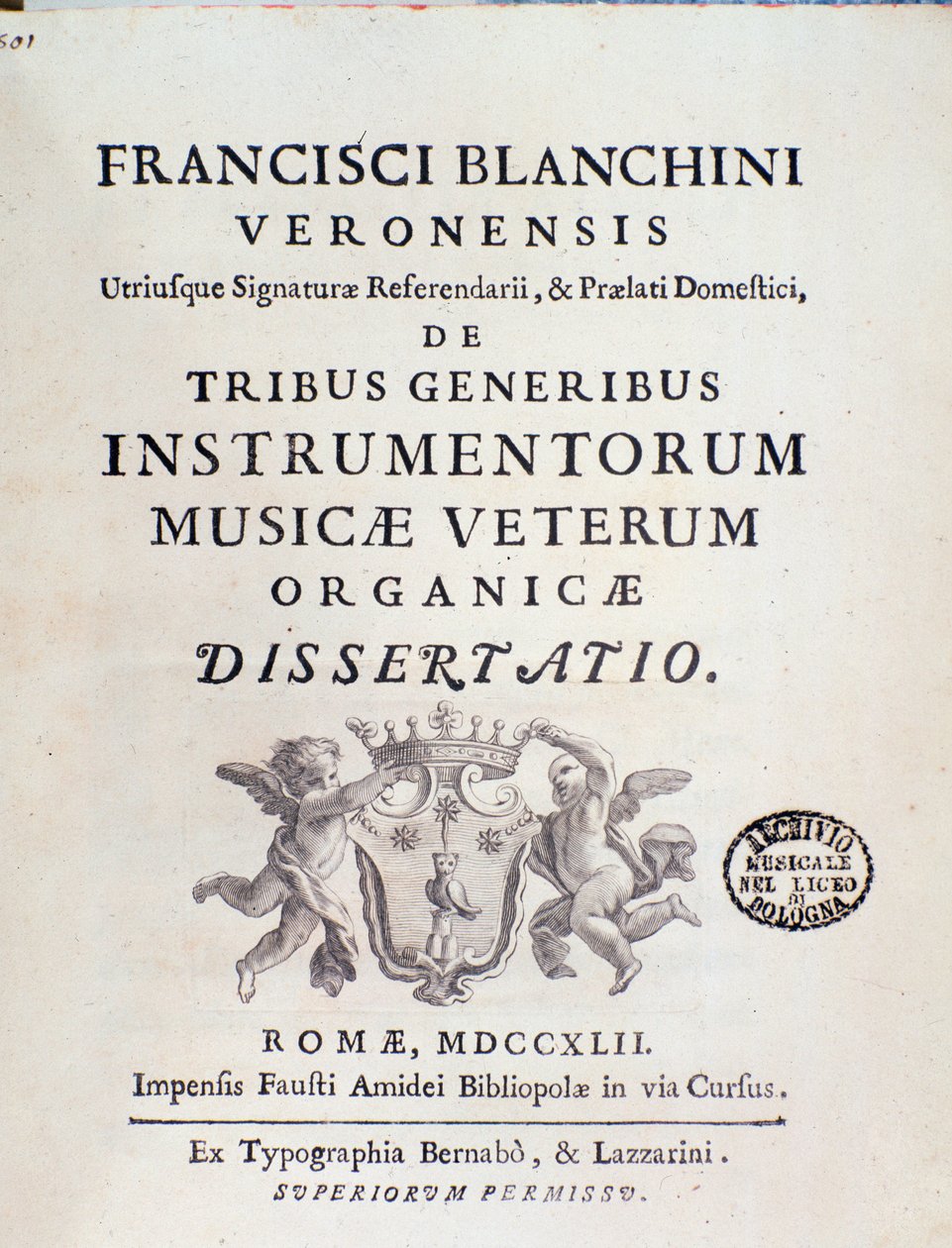 Frontispice av "" av Tribe Instrumentorum Musicae Veterum"" verk om gamla musikinstrument av Francesco Brea av Italian School