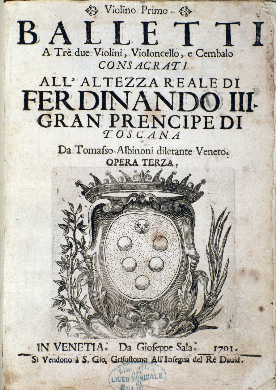 Frontispice av partitur av Balletti a tre, opera III av Tomaso Albinoni (1671-1750) av Italian School