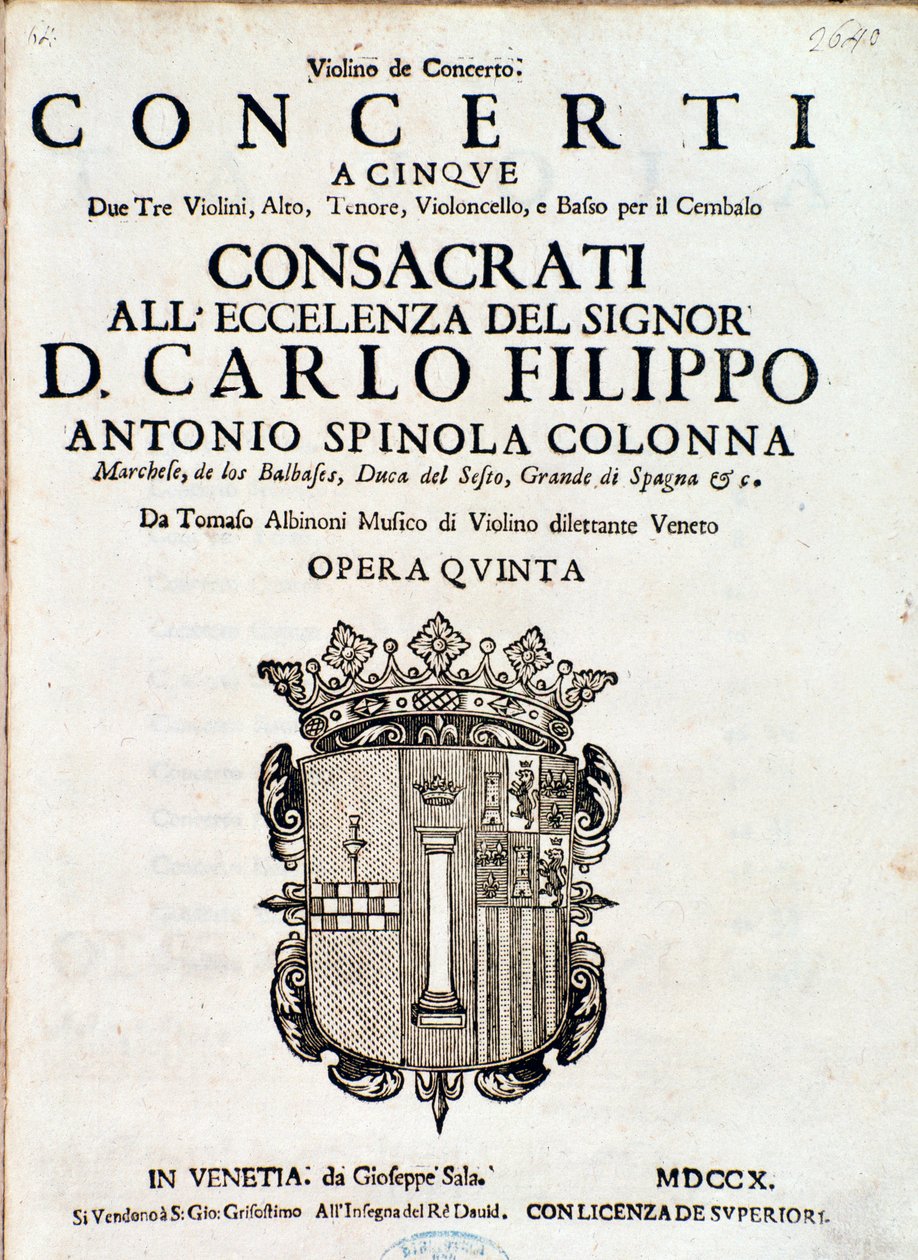 Frontispice av musikaliska partitur av "Concerti a cinque, opera 5" av Tomaso Albinoni av Italian School