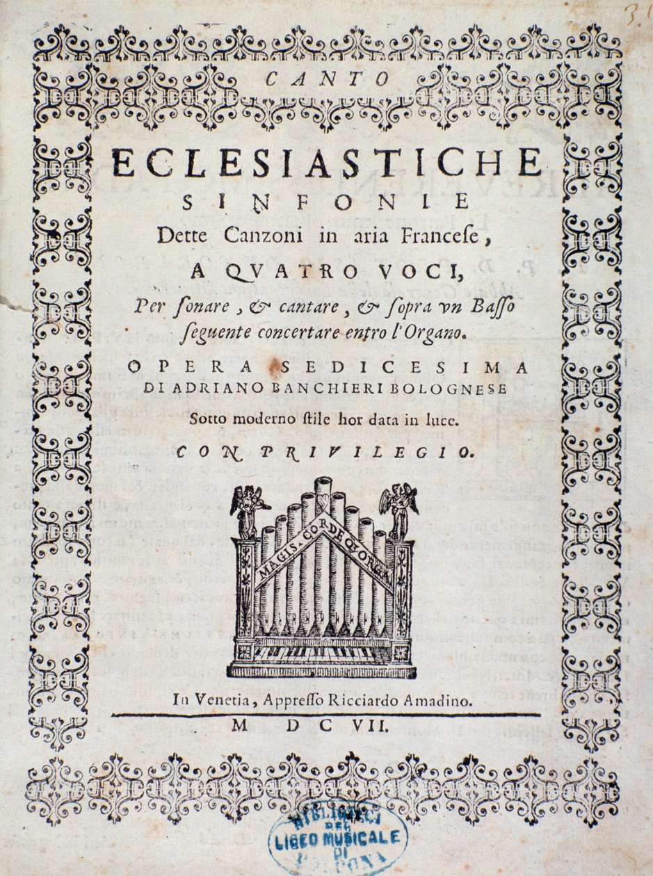 Frontispice av partitur av Concerto 5 i "" franska sånger "" av Adriano Banchieri av Italian School