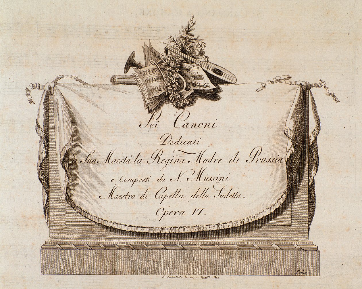 Frontispice av musikmusik av Sei canoni av den italienska kompositören Natale Mussini (1765-1837) tillägnad drottningen av Preussen av Italian School