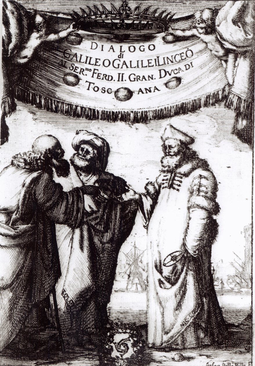 Frontispice to Dialogue on the two greatest systems of the world av Galileo, publicerad 1632 av Italian School