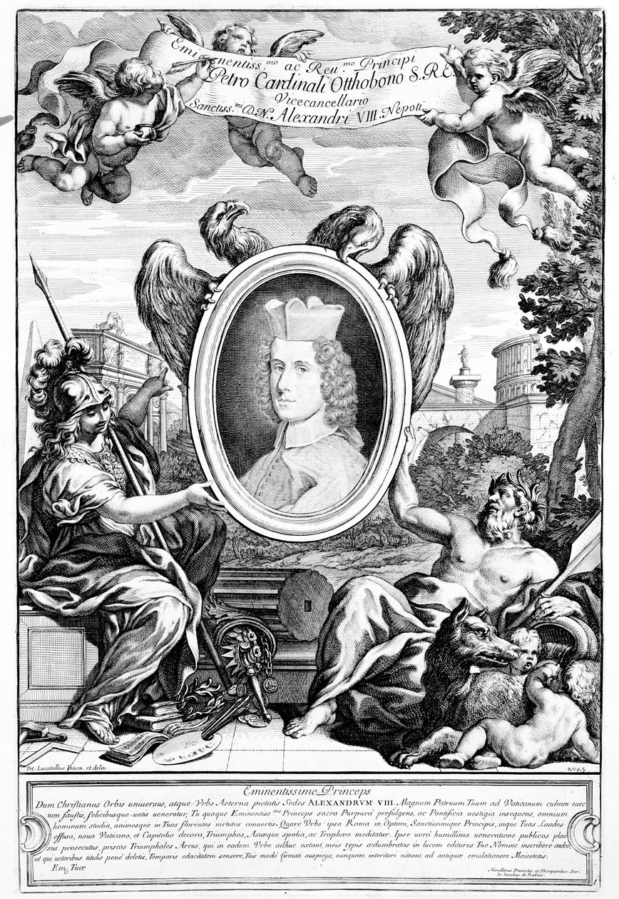 Frontispice till Augustus båge med ett porträtt av kardinal Pietro Ottoboni, graverad av Robert van Audenaerde, 1690 av Italian School