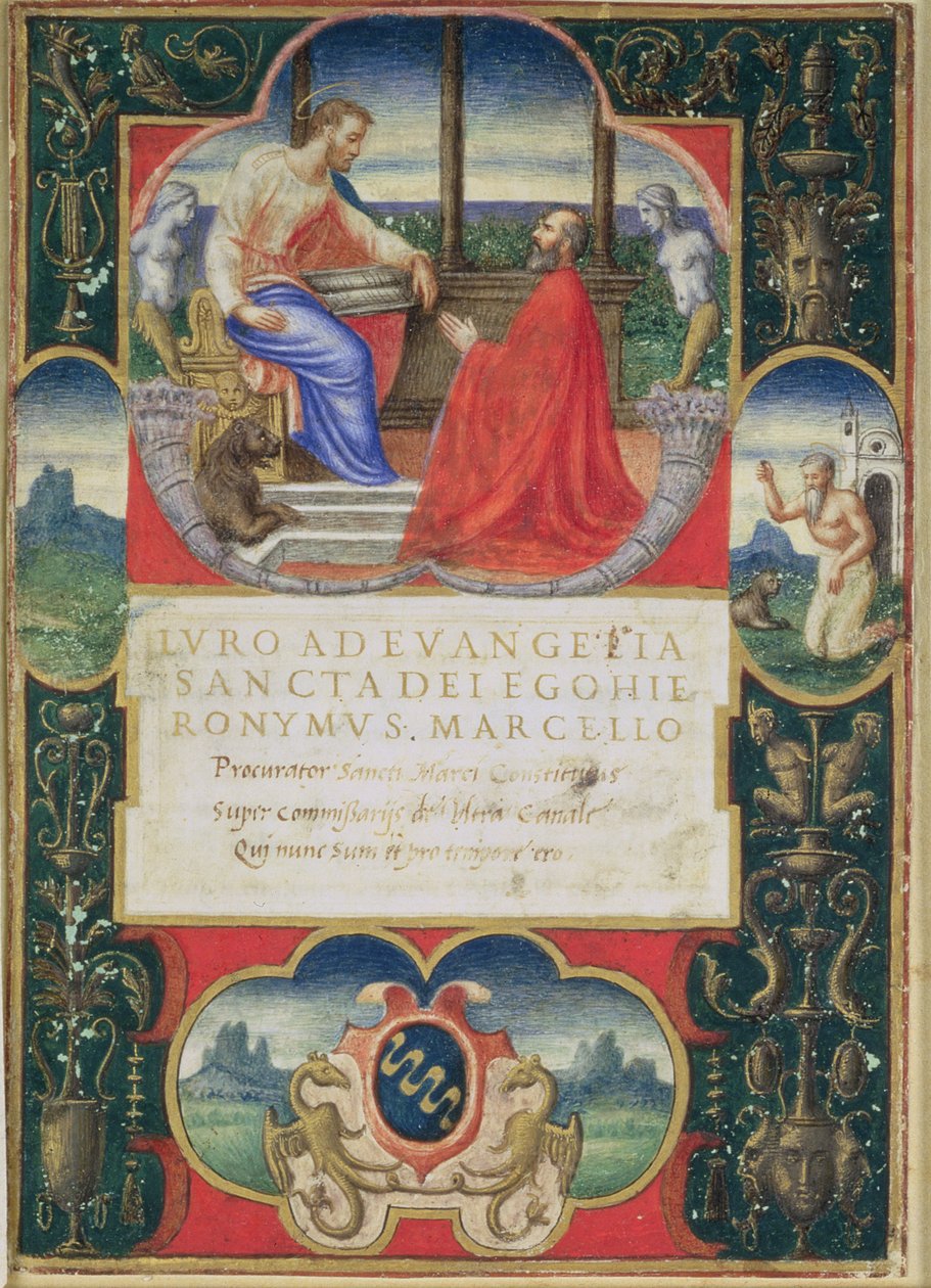 G. Marcello på knä inför St. Marco och St. Hieronymus och Marcellofamiljens vapen, 1537 av Italian School