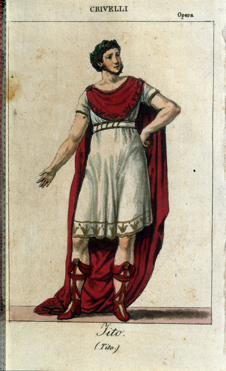 Gaetano Crivelli (1768-1836) i rollen som Tito i "La Clemence de Tito" av Wolfgang Amadeus Mozart (1756-1791) representerad på La Scala i Milano 1819 av Italian School