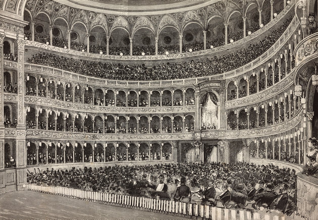 Galakväll på Costanzo-teatern till ära av kronprinsen av Tyskland (framtida Fredrik III), Rom, Italien, gravyr från teckning av Dante Paolocci, från L