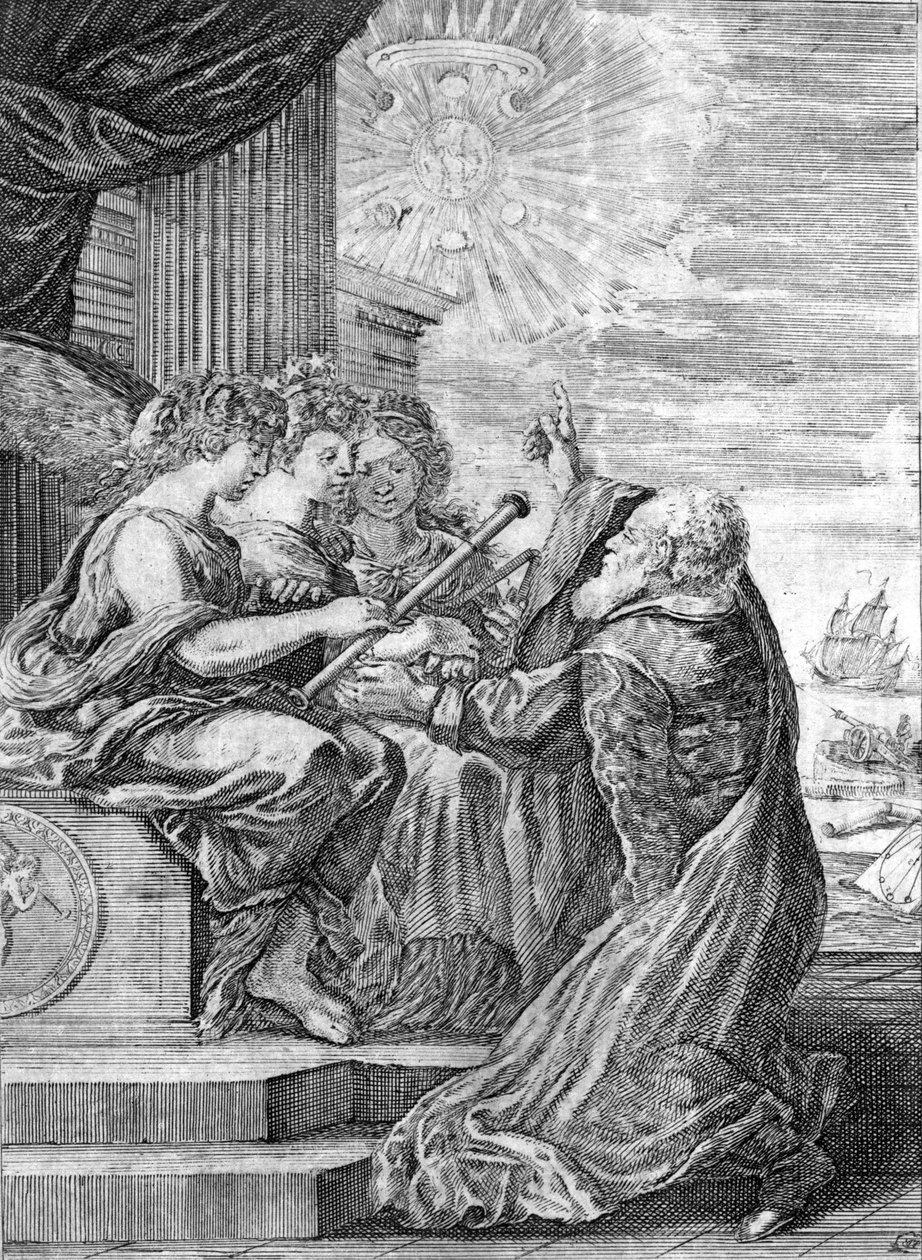 Galileo, astronom (1564 - 1642) presenterar teleskopet för de tre nåderna. Med sin högra hand indikerar han planeten Jupiter med sina satelliter upptäckta av honom själv och tillägnade Medici-familjen. Frontispice de “”Opere di Galileo”” Bologna av Italian School