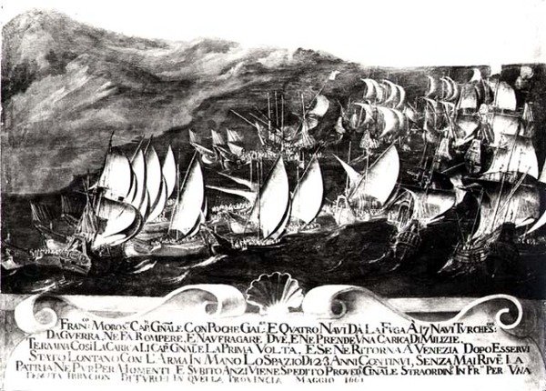 General Francisco Morosini (1618-94) och den venetianska flottan i ett möte med den turkiska flottan utanför Kretas kust, maj 1661 av Italian School