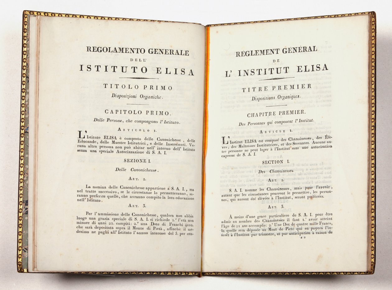 Allmänna föreskrifter för Instituto Elisa i Lucca, givet i Lucca den 14 juli 1811 (tryck) av Italian School