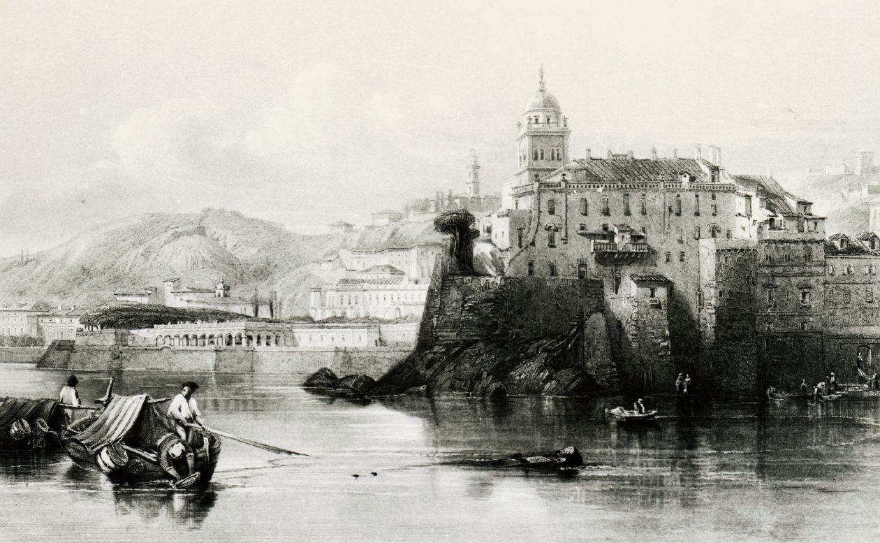 Mur i Genuas småbåtshamn med Villa Doria Pamphili i bakgrunden, gravyr, ca 1850, Italien av Italian School
